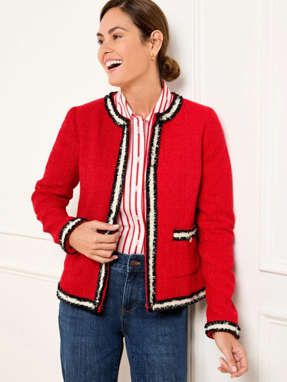 Talbots Women's Fringe Striped Tweed Jacket Size 24W Academia Preppy Coco Style